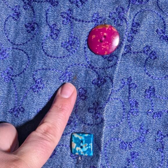 Vtg 1990s Pushpa Blue Cotton Denim Paisley Embroidered Beaded Button Up Jacket L - Picture 3 of 5
